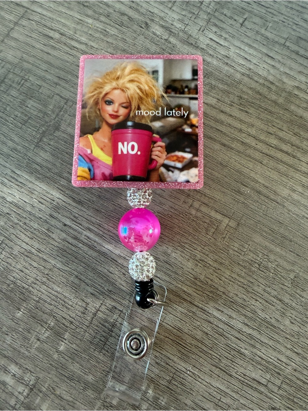 Pink 'Mood Lately' Glitter Badge Reel with Beaded Accent